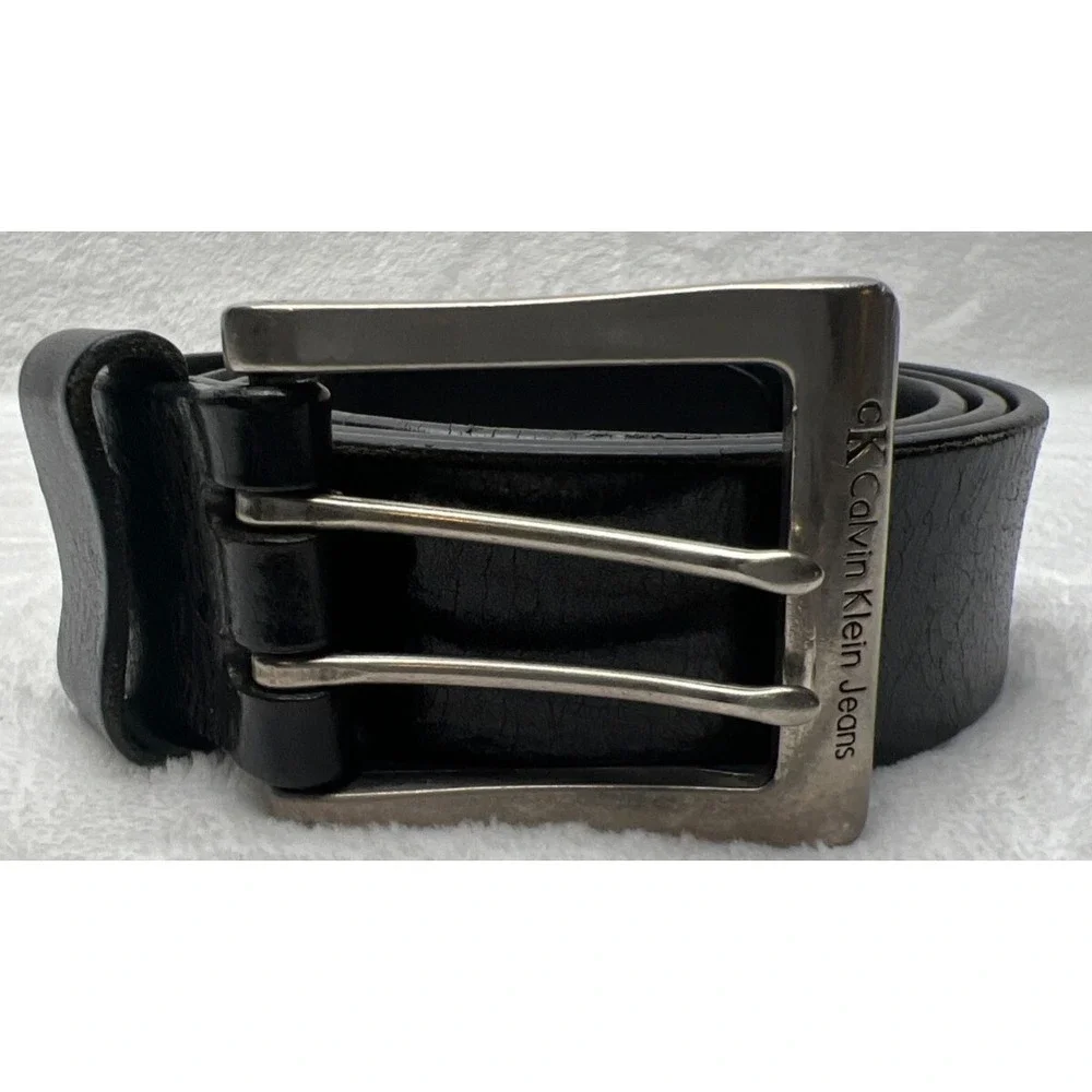 Calvin Klein Jeans Belt Mens 38.5 Black Leather Double Prong Silver Toned Preppy
